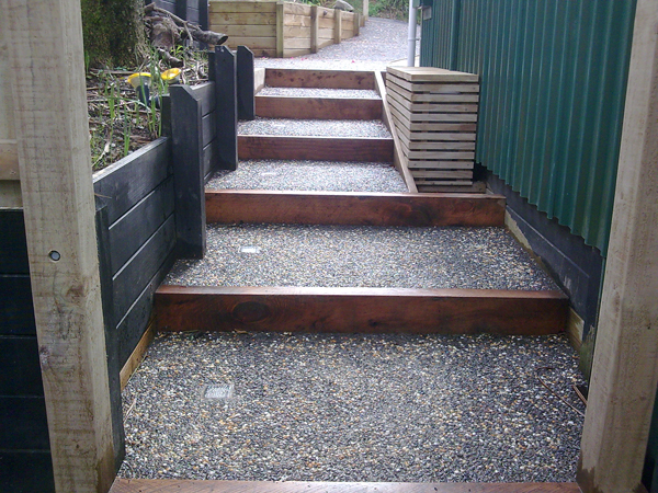 Macrocarpa with exposed aggregate concrete infill including step lights